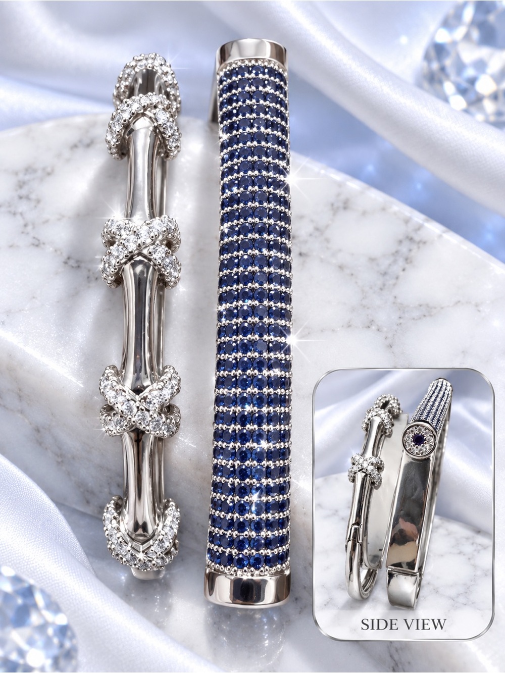 Silver-Tone Women’s Bracelet Set with Blue Crystal Pavé Accent Hypoallergenic